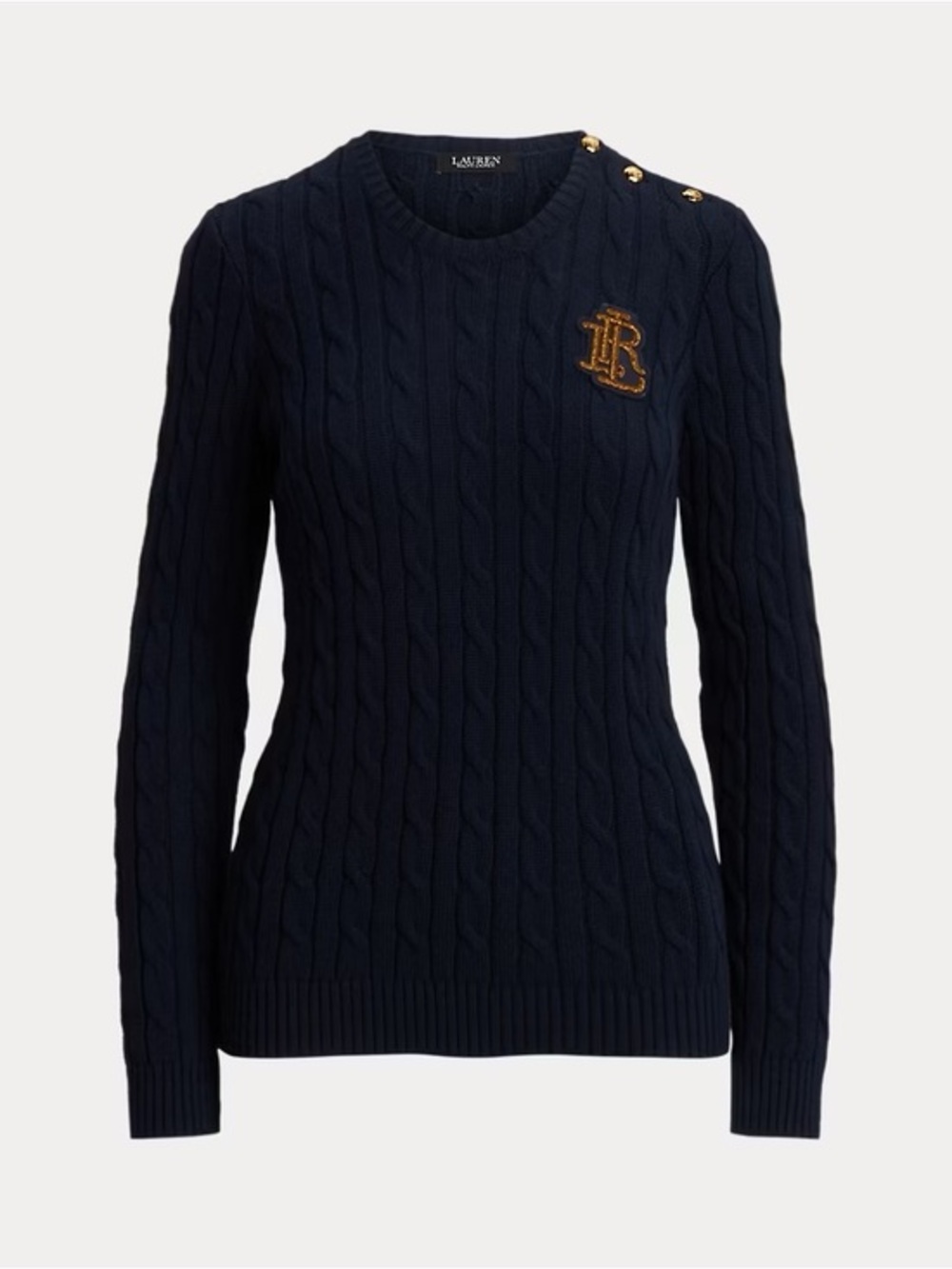 Lauren Ralph Lauren Button-Trim Cable-Knit Cotton Sweater in Navy Size XL
